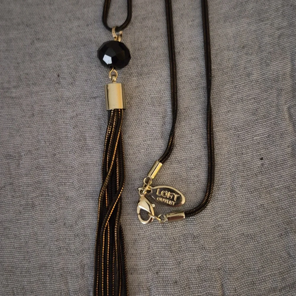 LOFT  Boho Long Tassel Black Crystal Bead Pendant Sweater Necklace 30